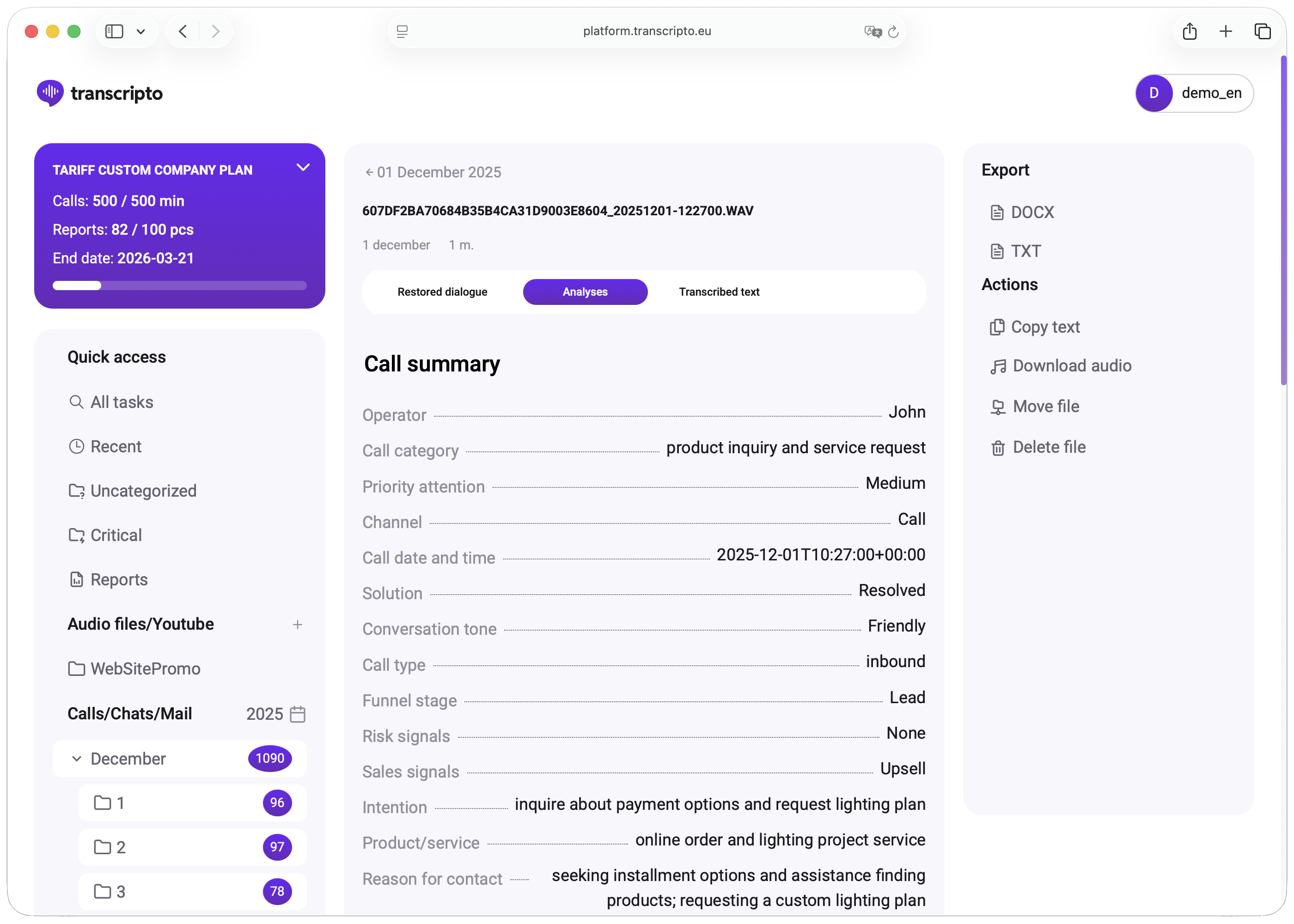 Interfață Diagnostic AI — fișă structurată a analizei apelului cu rezumatul conversației, categoria, tonul și semnalele de risc
