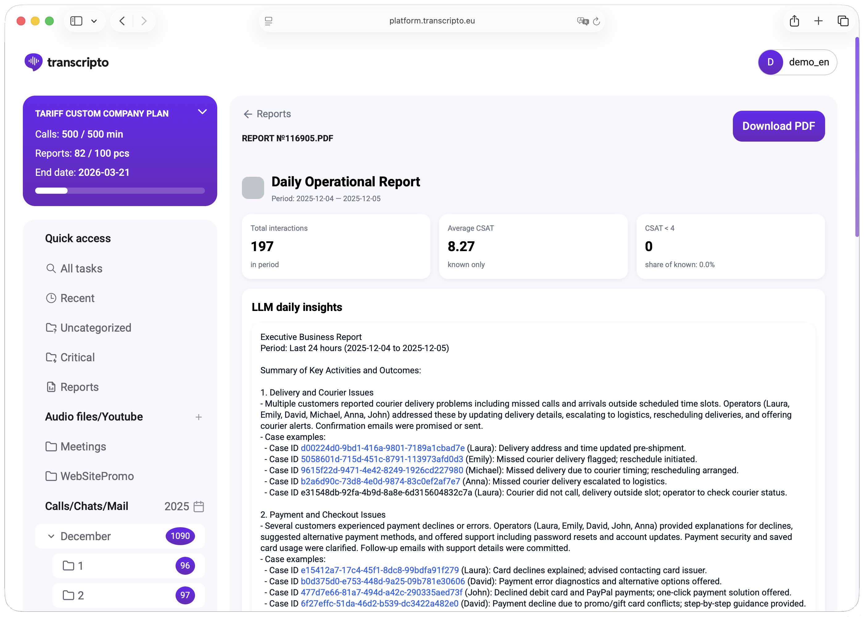 Digest operațional zilnic — KPI-uri cheie, CSAT mediu, analiză AI și exemple de solicitări