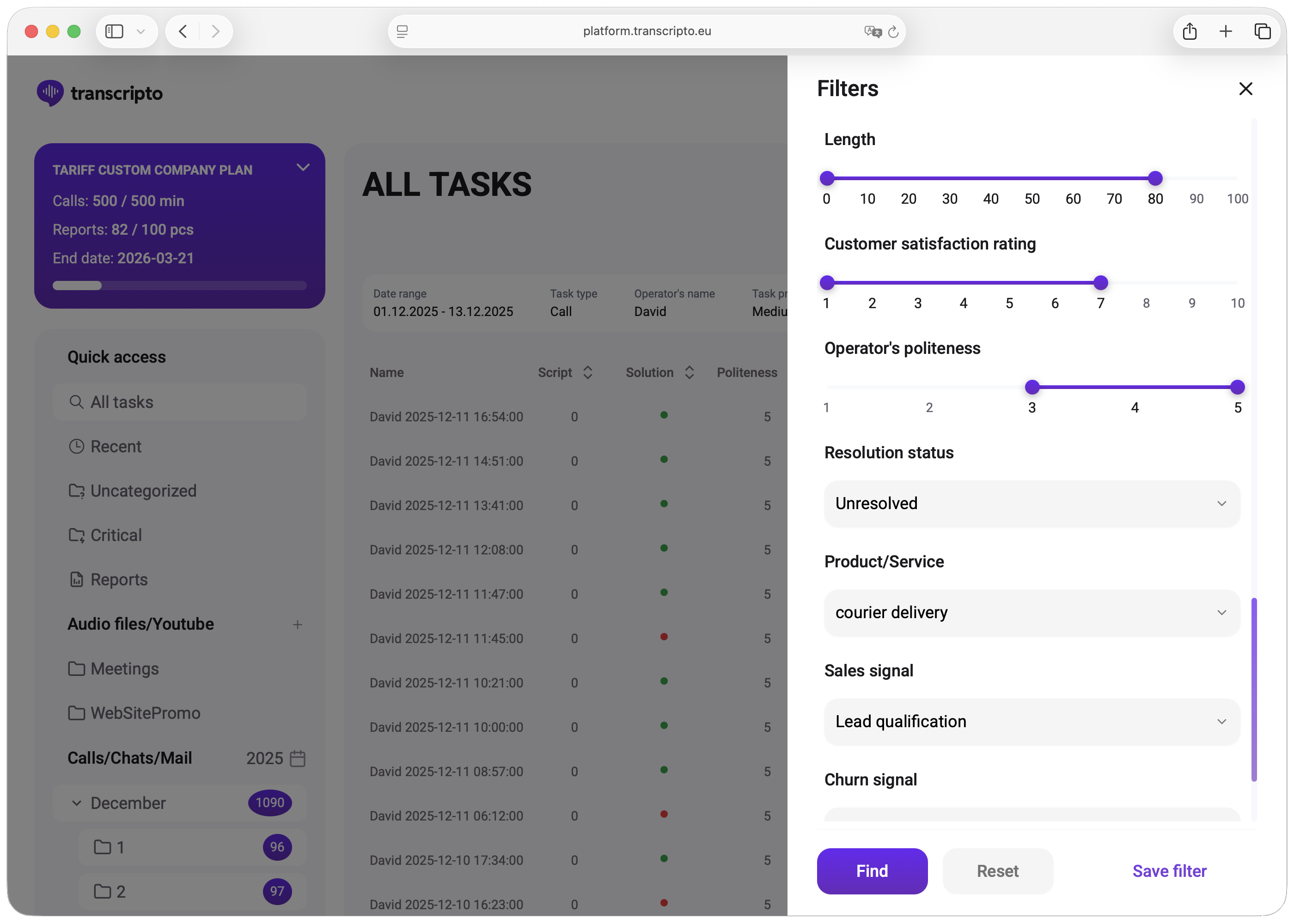Panou analitic cu filtre avansate — căutare după dată, operator, produs, CSAT, semnale de risc și starea rezolvării