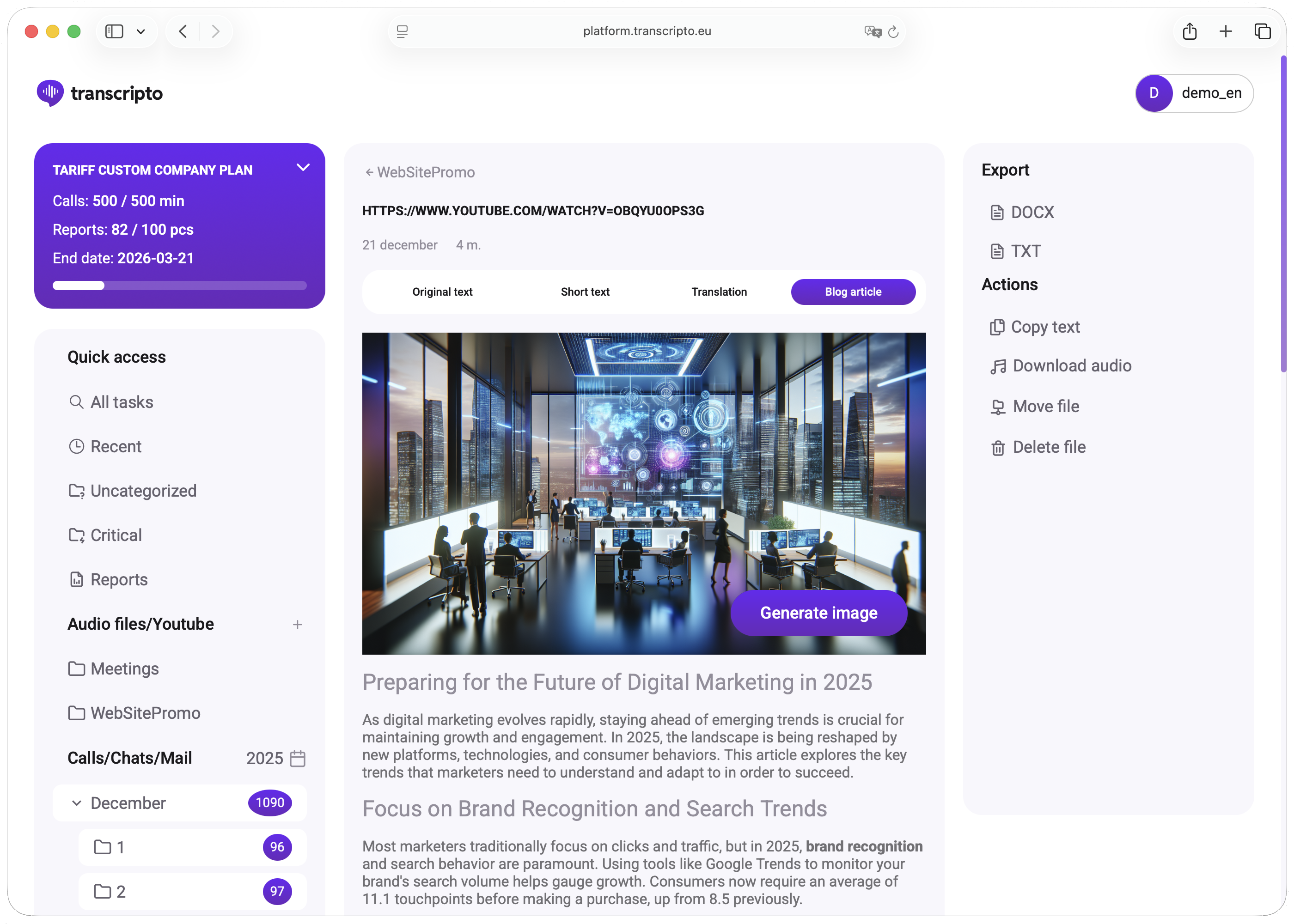 Generare de conținut din înregistrări — articol de blog generat automat din transcriere video cu imagine